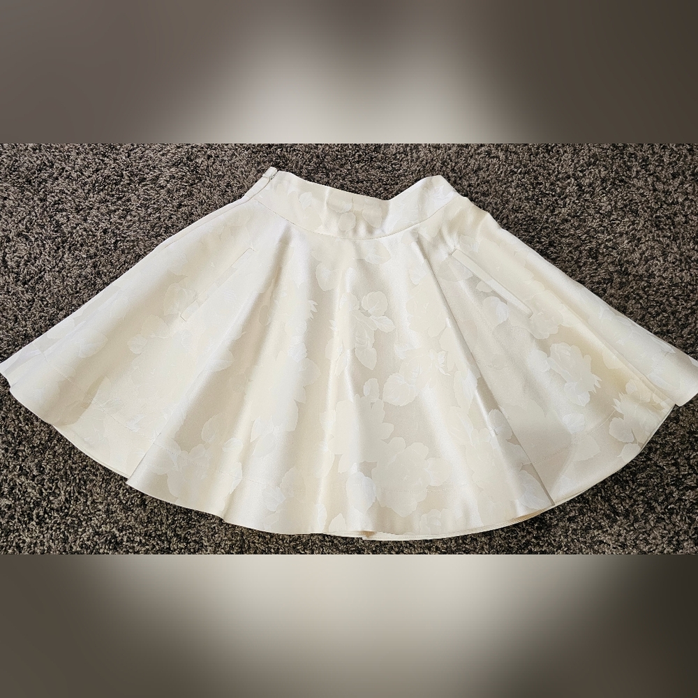 Designer High Waisted High Density Floral Satin Ivory Skirt Size S
